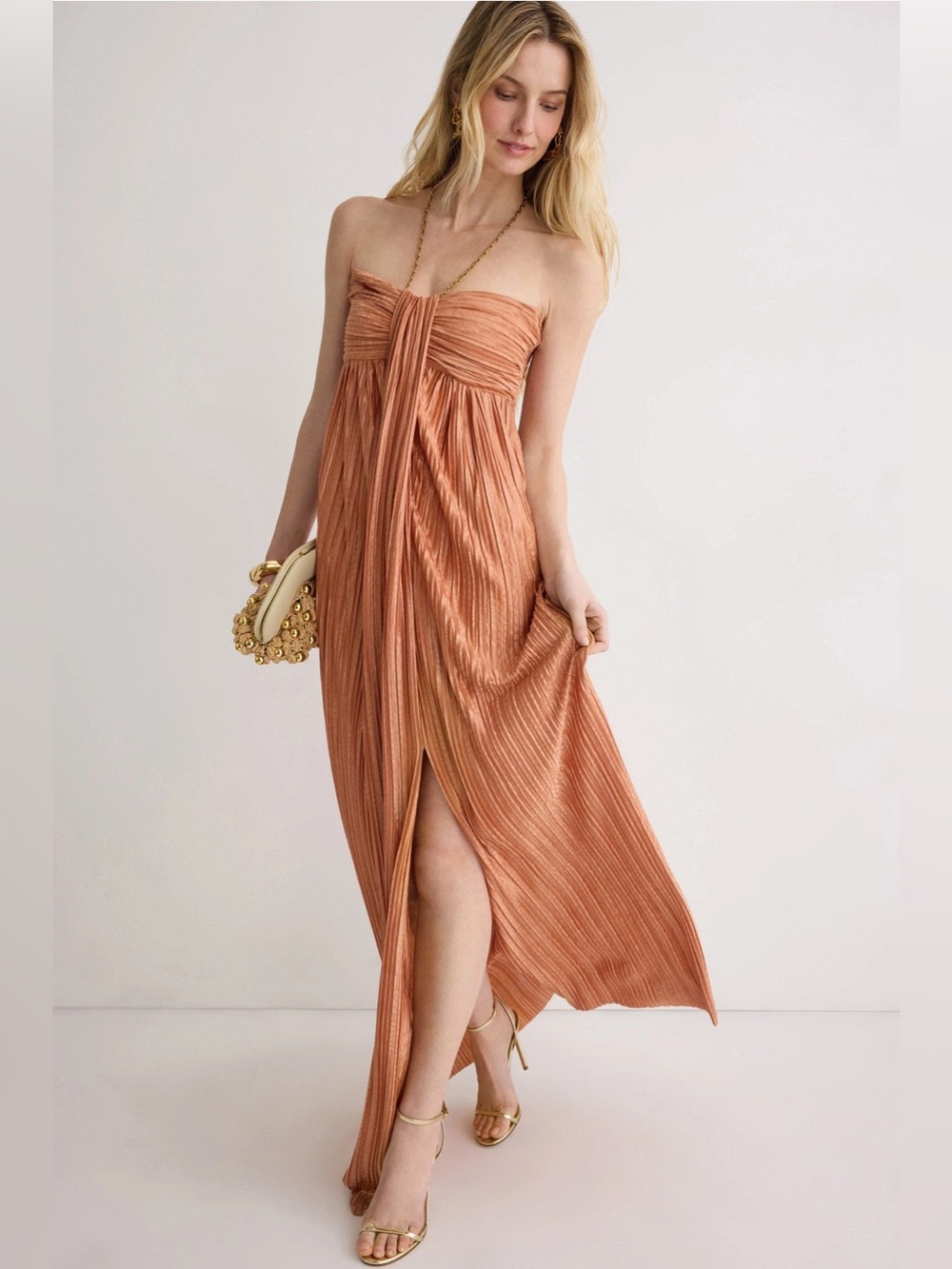 Sabina Musayev Strapless Pleated Maxi Dress in Copper